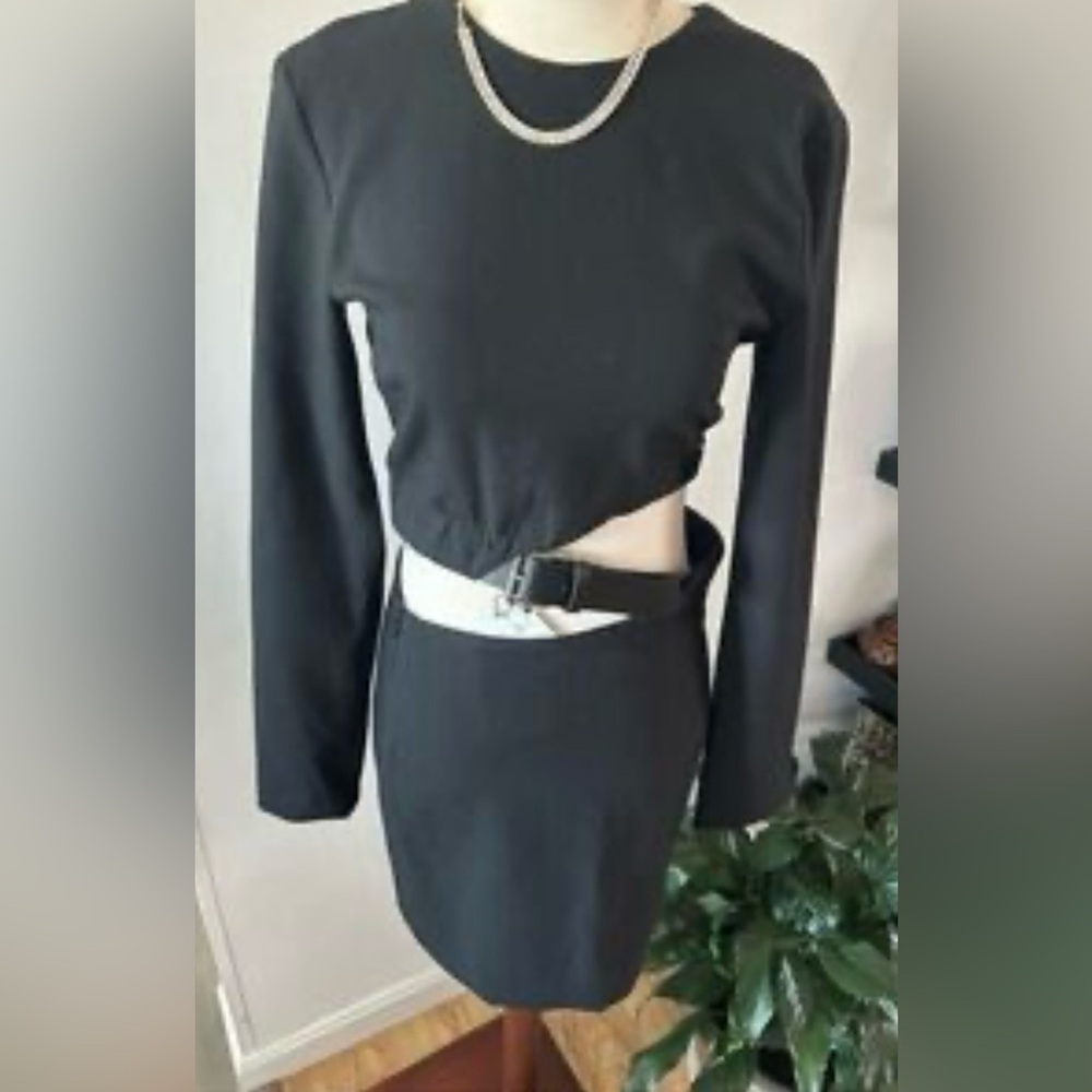 Zara Chic Black Long Sleeve Dress with Belt size Small